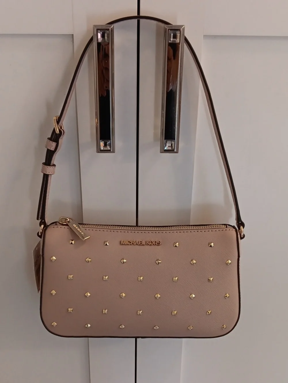 NWT Michael Kors Jet Set Medium Blush Pink Studded Pouchette Leather Bag